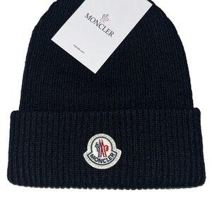 Moncler Black Rib-Knit Cuffed Beanie with Logo Patch
